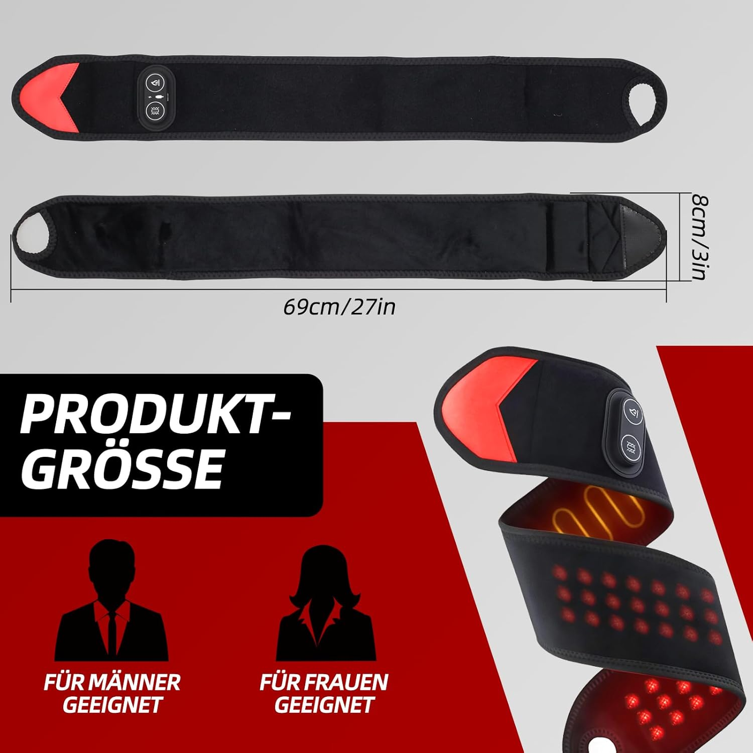 Ein schwarzes Heizband mit roten Akzenten, Maße und Knöpfe. Für Männer und Frauen geeignet.