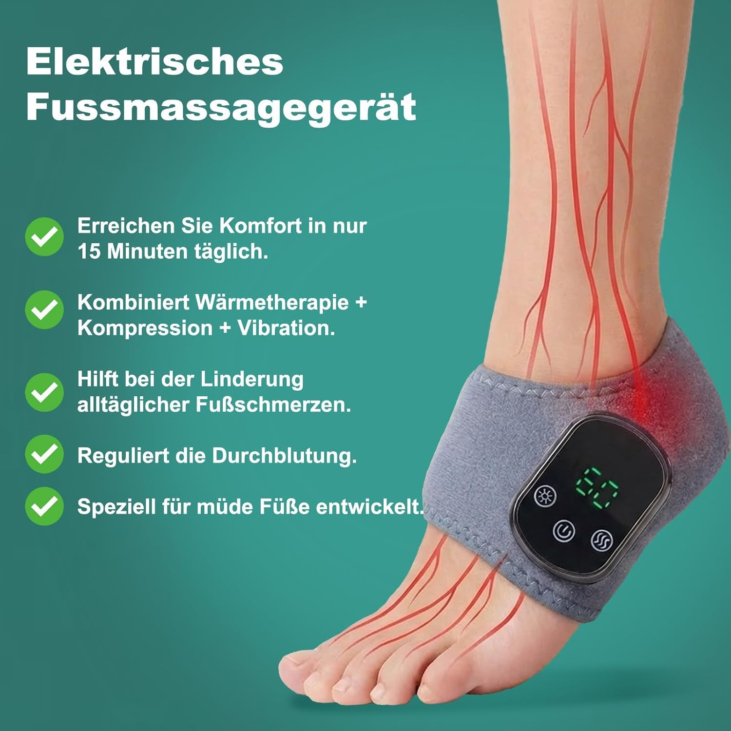 Graues Fußmassagegerät mit digitaler Anzeige und stilisierten roten Blutgefäßen.