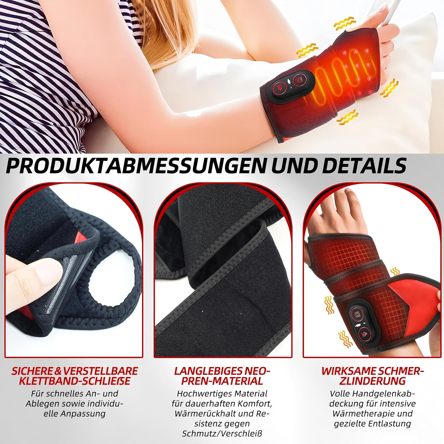 Produktbilder zeigen ein Handgelenk-Wärmegerät mit Klettverschluss, Neoprenmaterial und Schmerzlinderung.