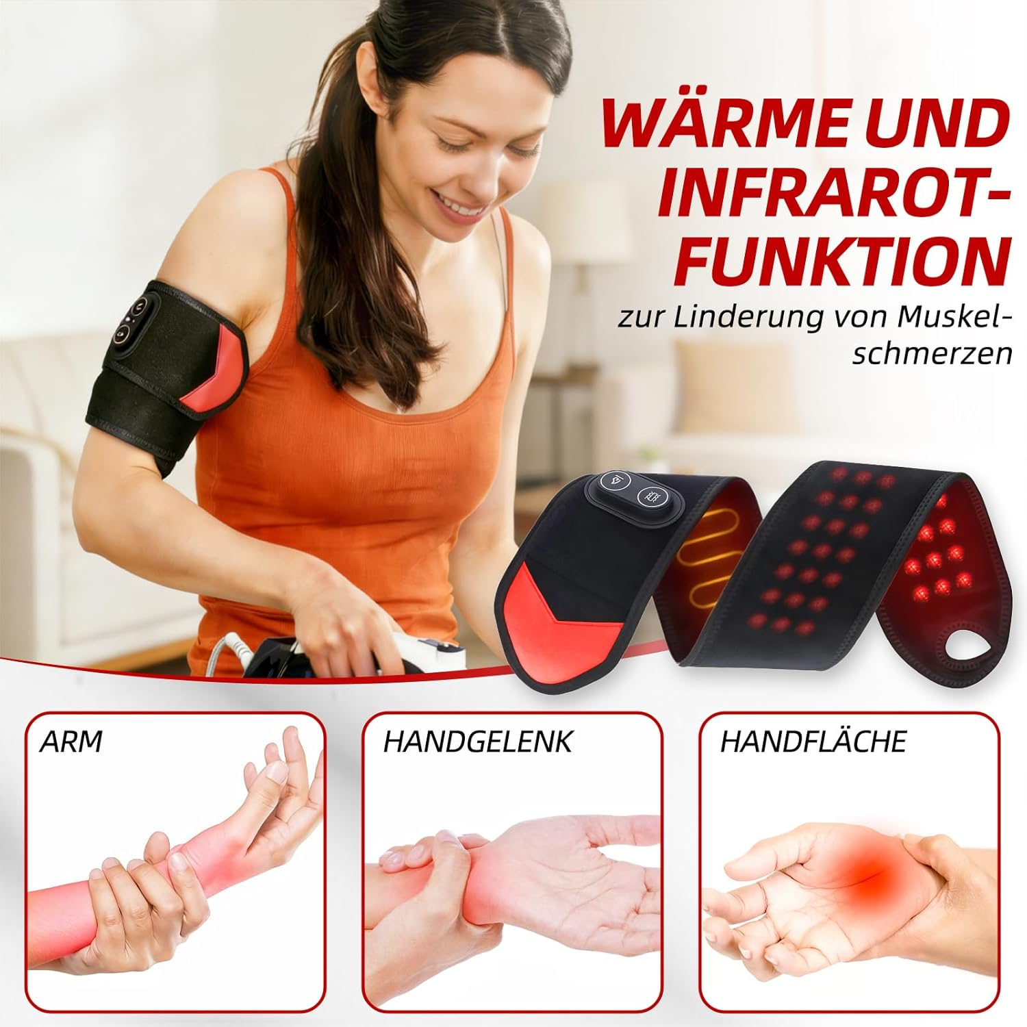 Frau mit Wärmegürtel am Arm, mit Nahaufnahmen von Arm-, Handgelenk- und Handflächenschmerzen.