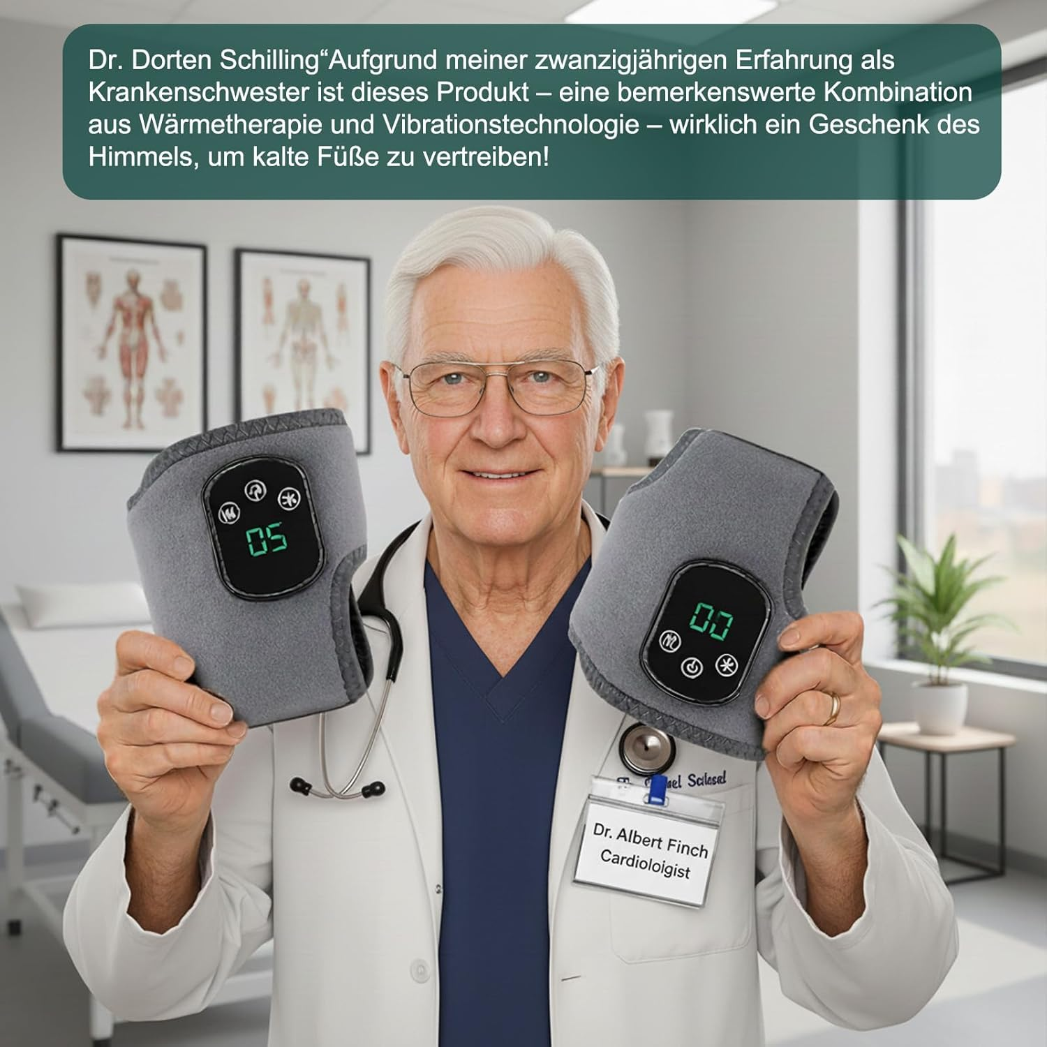 Ein älterer Arzt hält zwei graue Heiz- und Vibrationsgeräte in Händen.