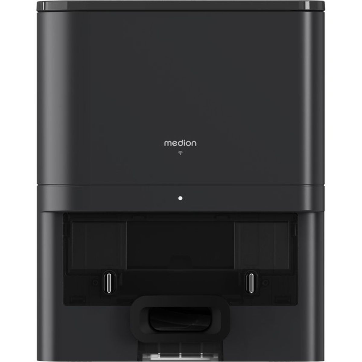 Ein schwarzer Medion Roboterstaubsauger mit Ladebasis und sichtbarem Griff.