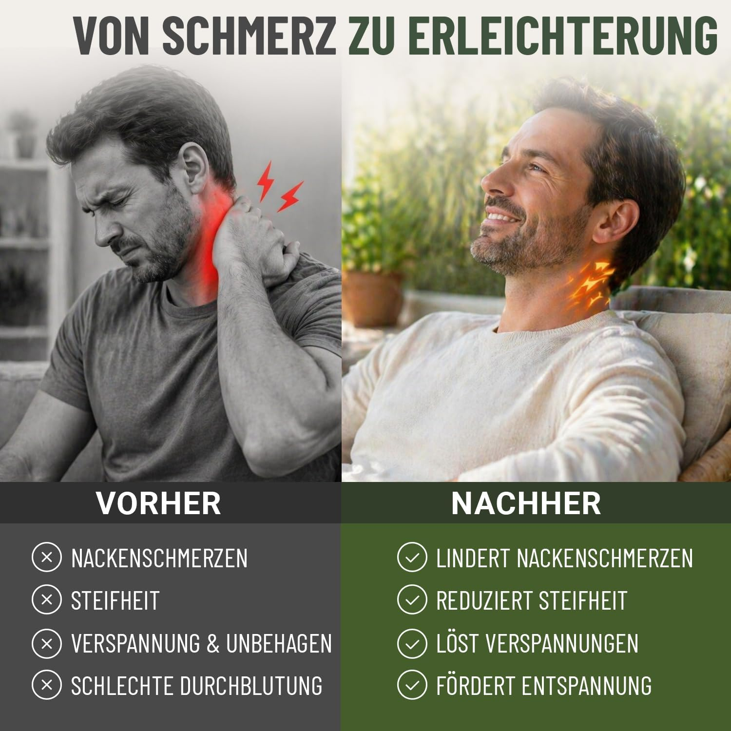 Mann mit Nackenschmerzen (links) und Erleichterung (rechts).