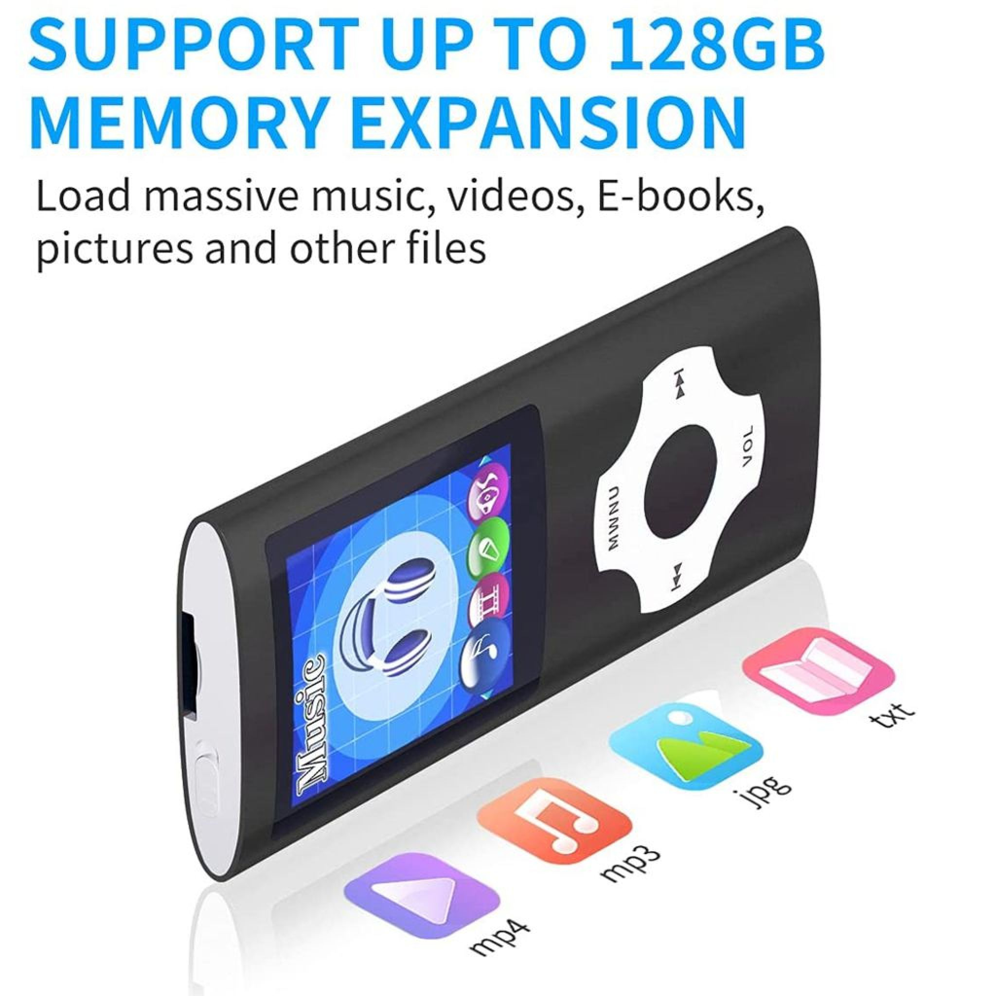 Schwarzer MP3-Player mit Bildschirm, Musikmenü und Symbolen für mp4, mp3, jpg, txt.