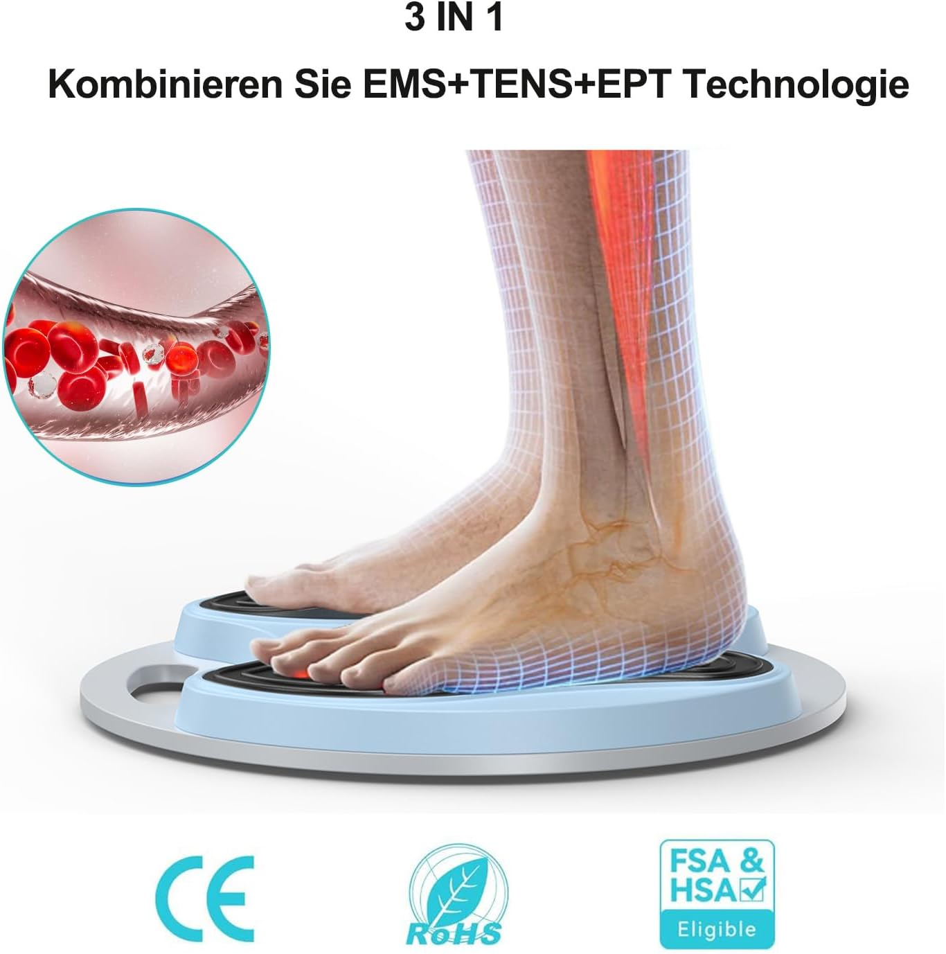Füße auf einem Gerät für EMS, TENS, EPT. Blutgefäß-Nahaufnahme.