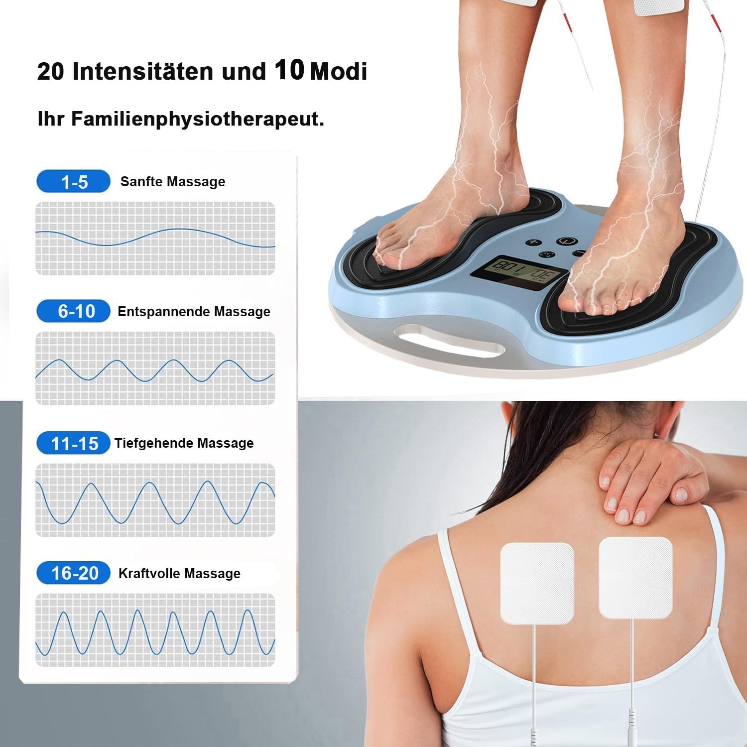 Füße auf einem EMS-Gerät, Rückseite einer Person mit Elektroden auf dem Rücken.