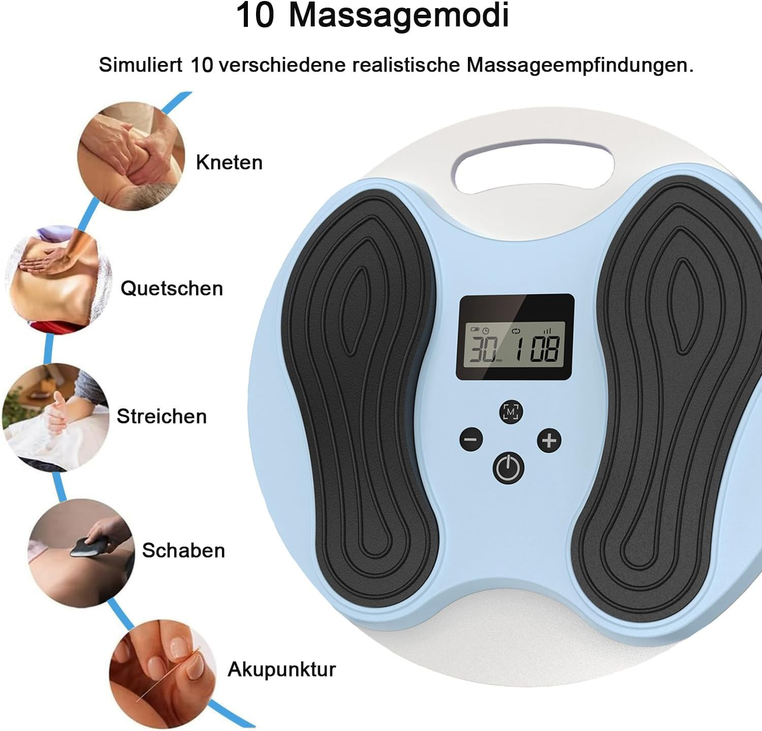 Ein blaues Massagegerät mit verschiedenen Massagearten und einem Display.
