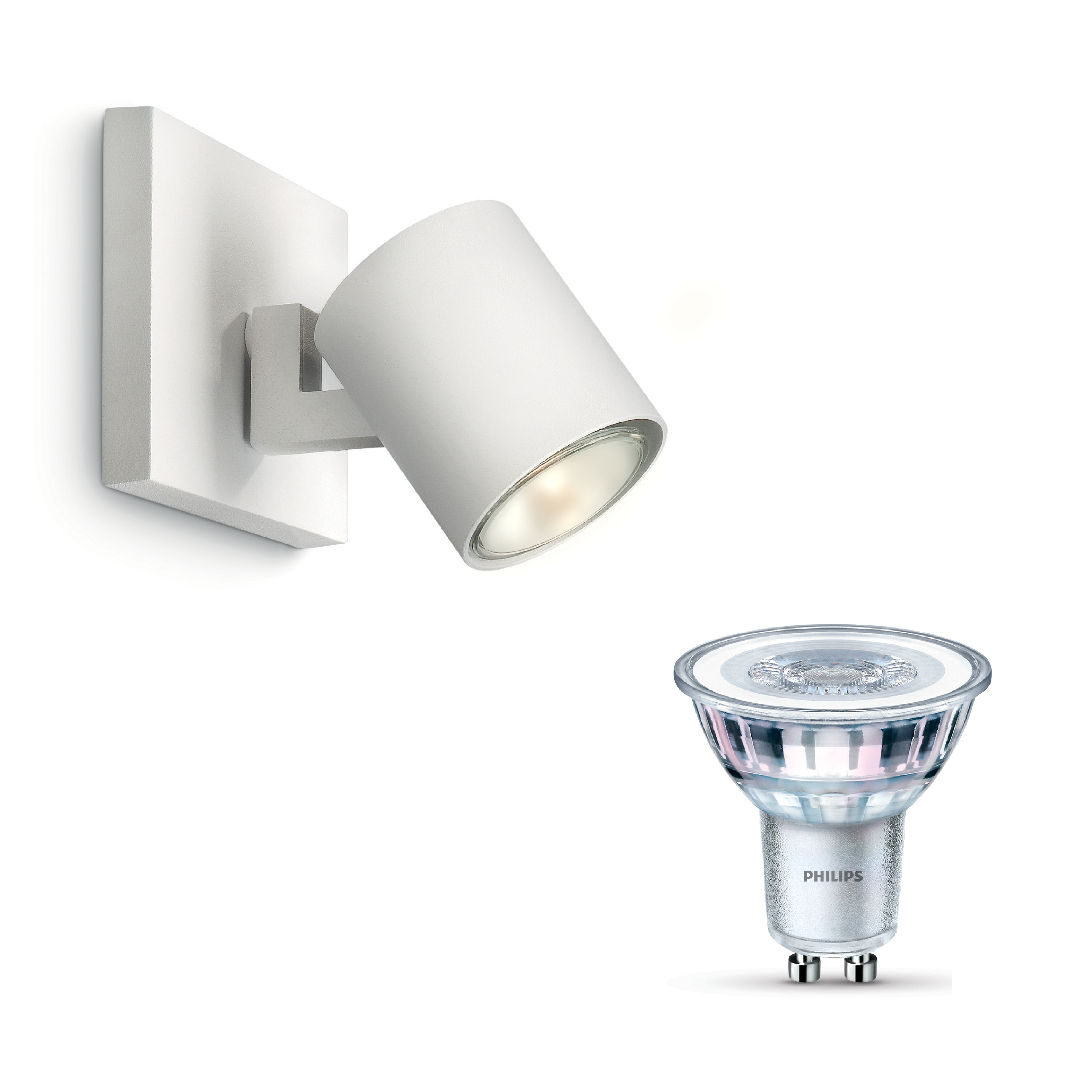 Ein weißer Wandstrahler und eine Philips LED-Lampe auf weißem Hintergrund.