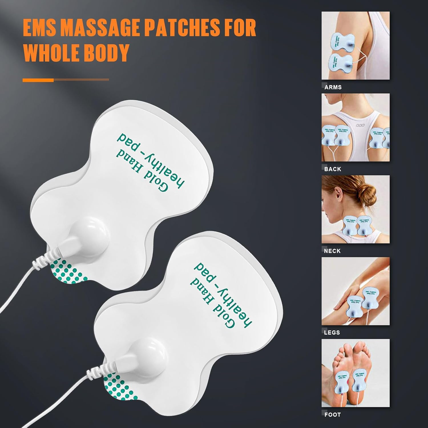 Weiße EMS-Massagepads mit grüner Schrift, die für Arme, Rücken, Nacken, Beine und Füße gezeigt werden.