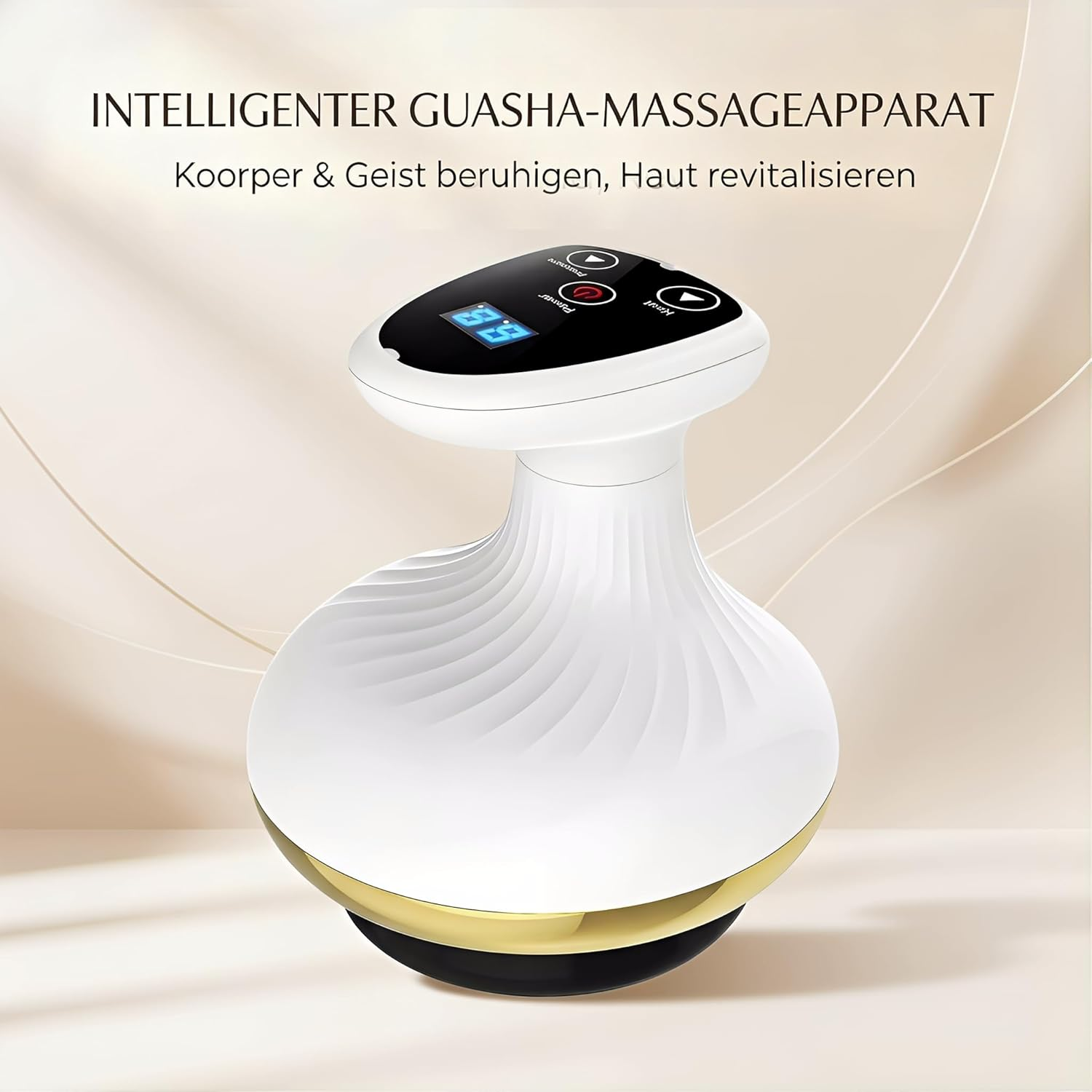 Ein weißer Guasha-Massageapparat mit goldener und schwarzer Basis.