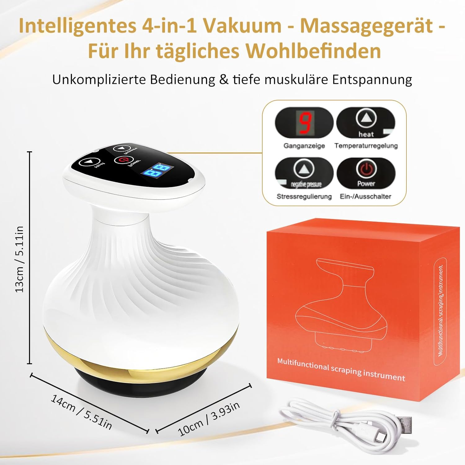 Ein weißes Vakuum-Massagegerät mit Bedienelementen und Ladeanschluss daneben.