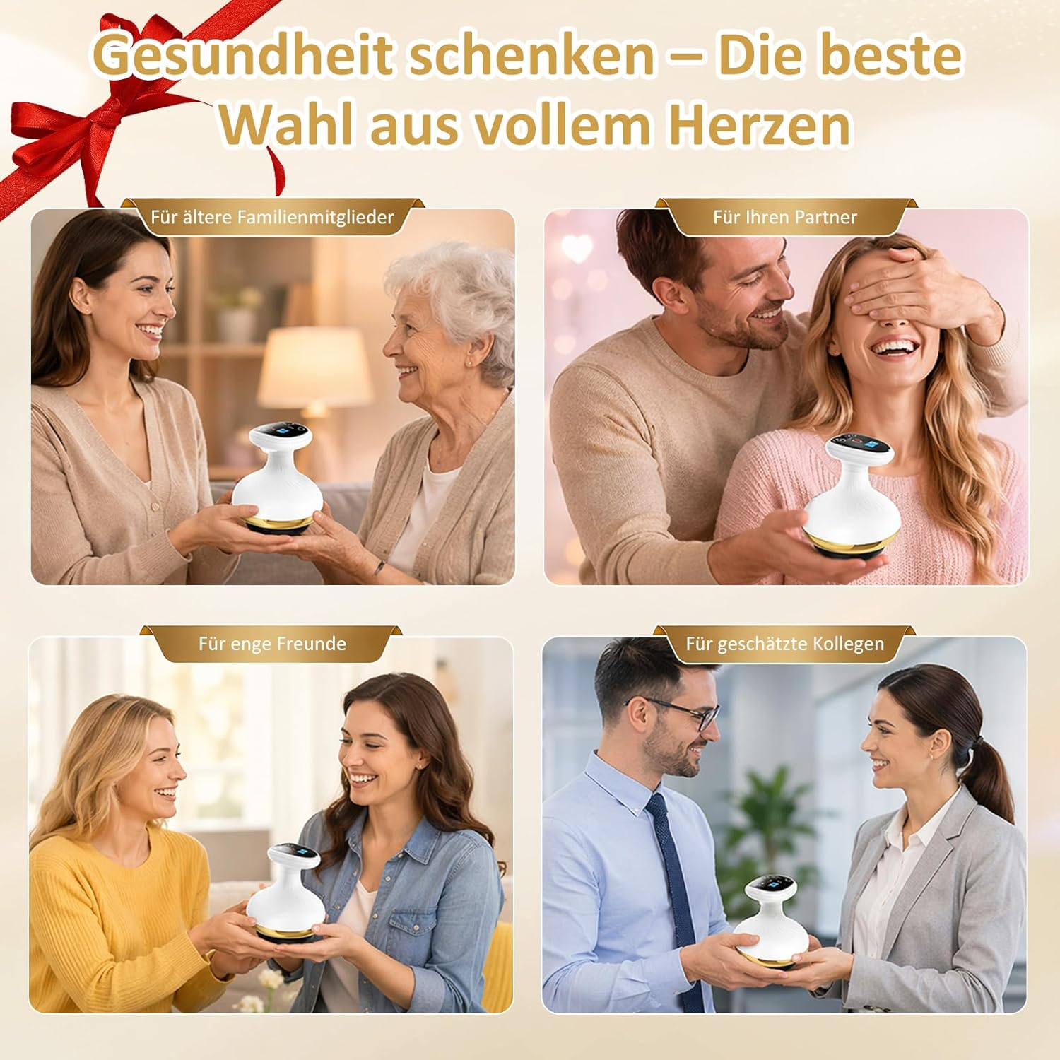Vier Szenen zeigen Menschen, die ein weißes und goldenes Massagegerät schenken. Oben links: Frau mit Älterer. Oben rechts: Mann überrascht Frau. Unten links: zwei Freunde. Unten rechts: Kollegen.