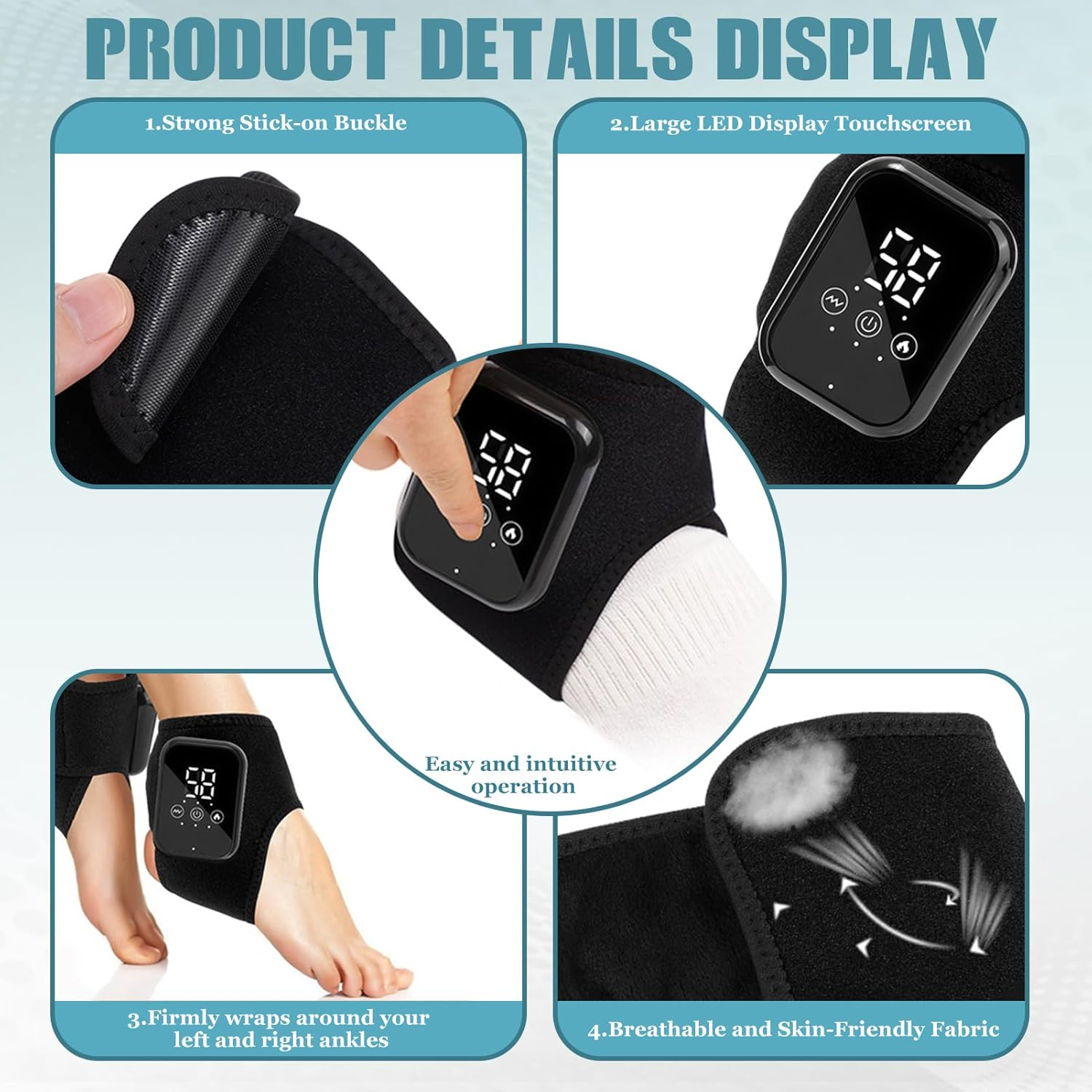 Produktübersicht: Klettverschluss, Touchscreen-Display, Knöchelwickel, atmungsaktives Material.