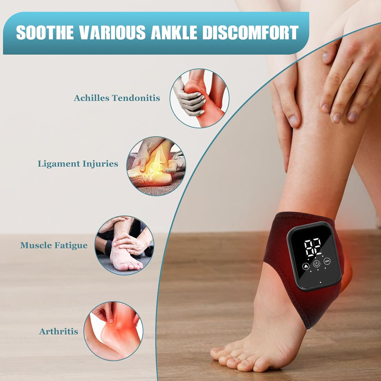 Ein Fuß mit einer Bandage, die einen digitalen Bildschirm anzeigt. Links sind vier kleine Bilder von Fußverletzungen.