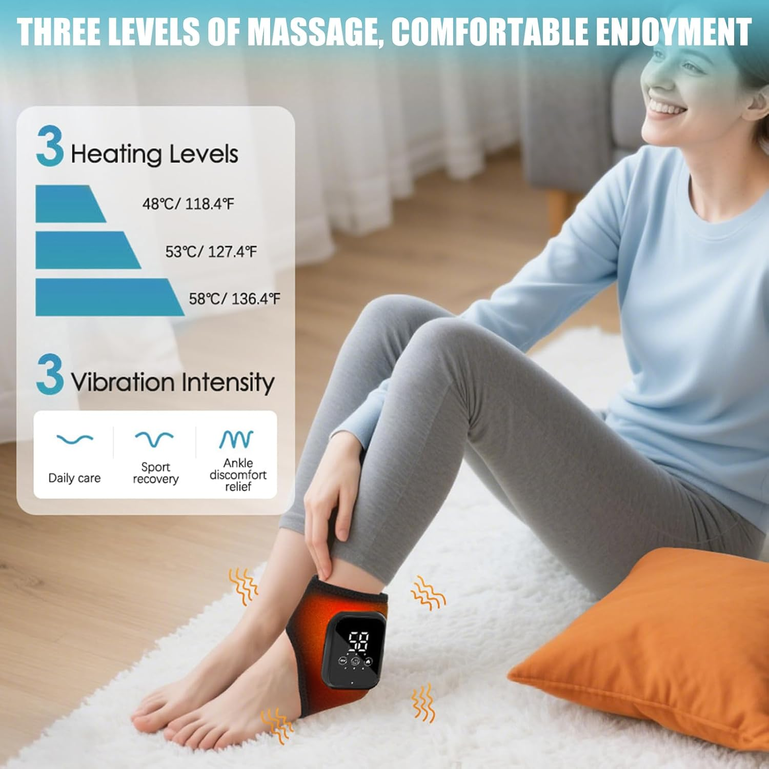 Frau mit Massagegerät am Knöchel, das 3 Heizstufen und Vibrationsintensitäten anzeigt.