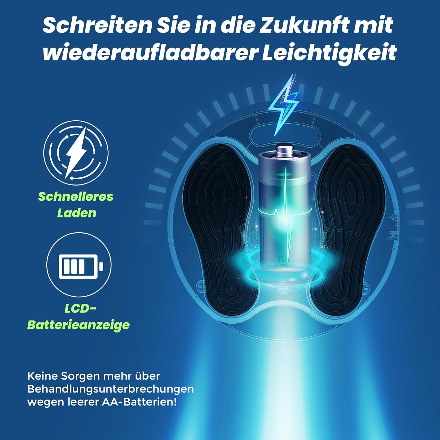 Grafik mit wiederaufladbarer Batterie, Blitzsymbol und Text über schnelles Laden.