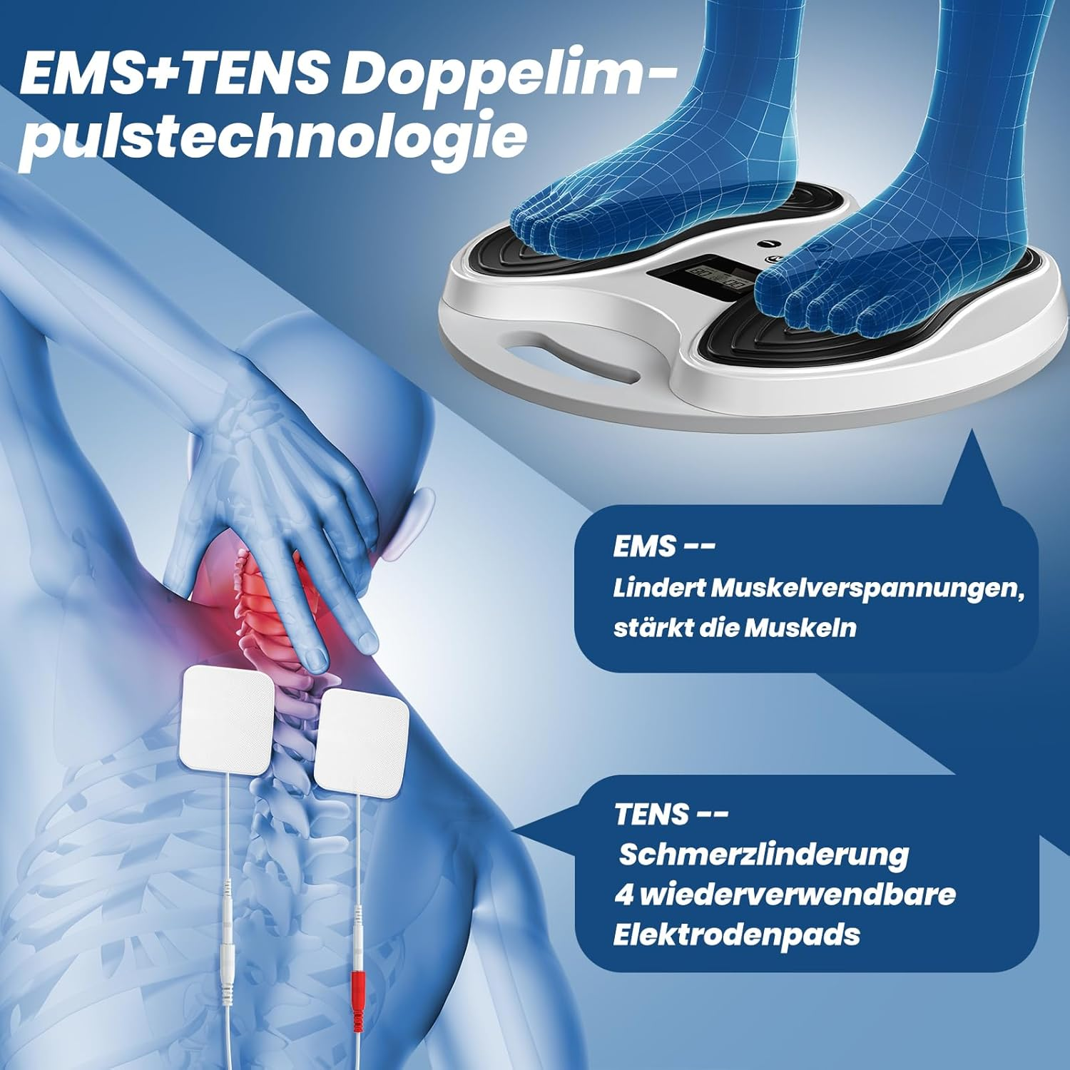 Anatomische Darstellung von Nacken und Füßen auf einem EMS/TENS-Gerät.