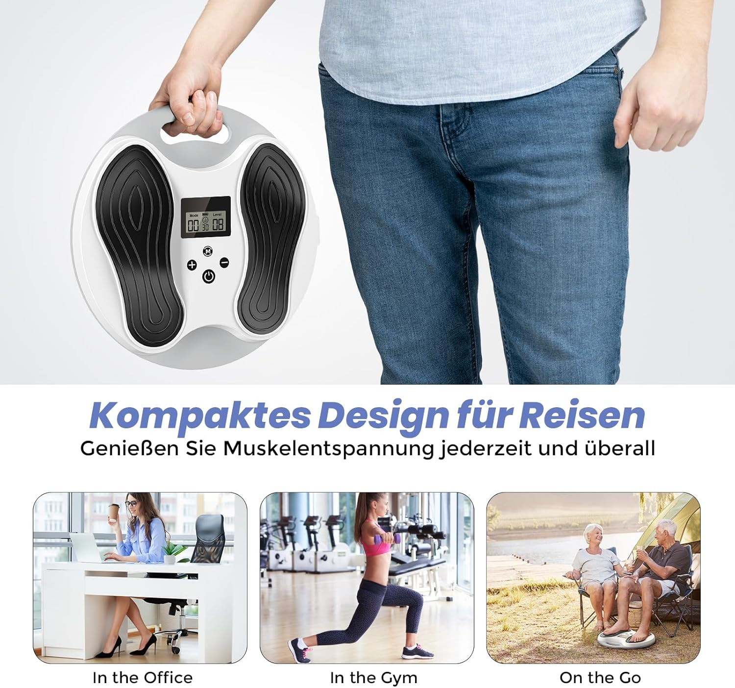 Ein Mann hält ein Fußmassagegerät mit Display. Szenen zeigen Nutzung im Büro, Fitnessstudio und draußen.