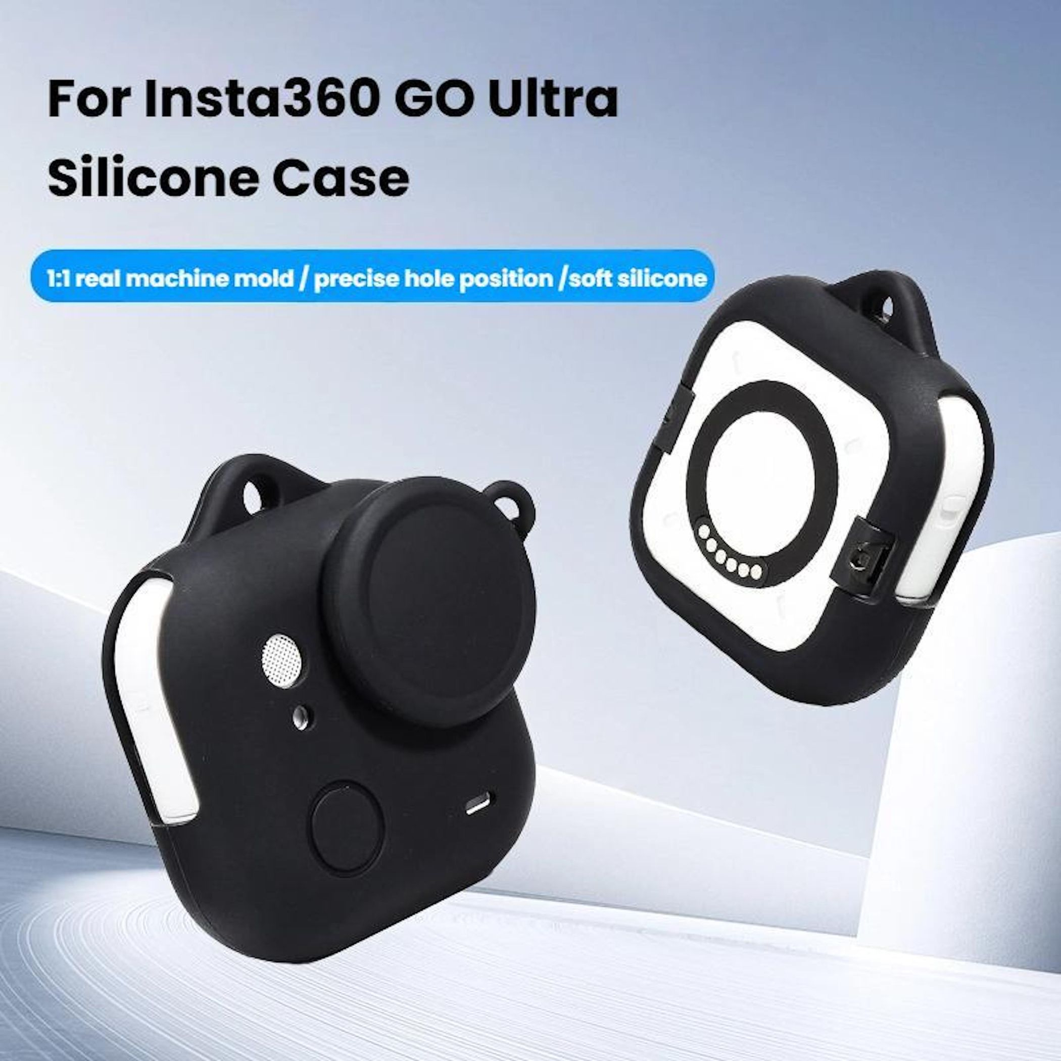 Schwarze und wei ße Silikonhüllen für Insta360 GO Ultra Kameras.
