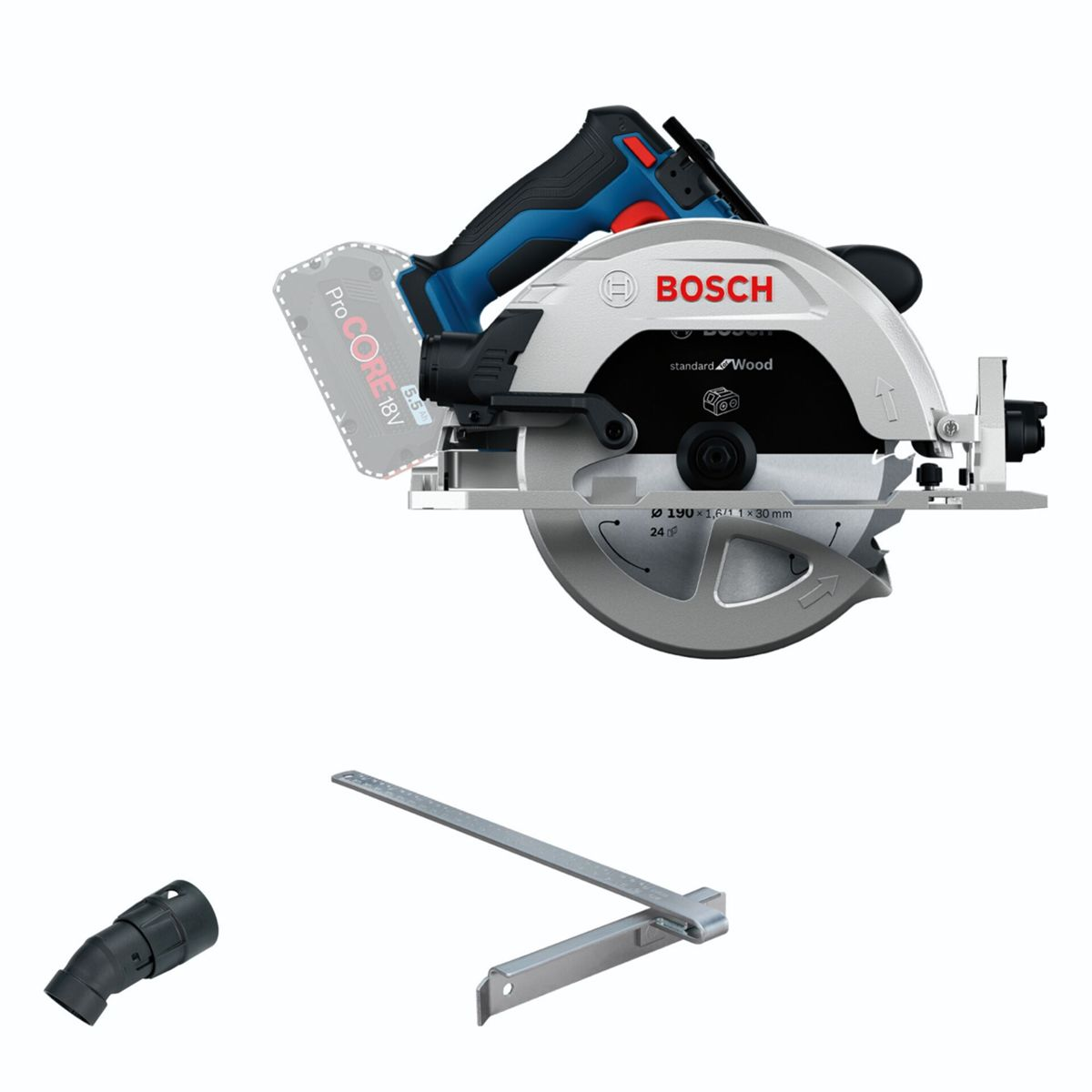 Een Bosch cirkelzaag met accu, stofadapter en geleiderail.