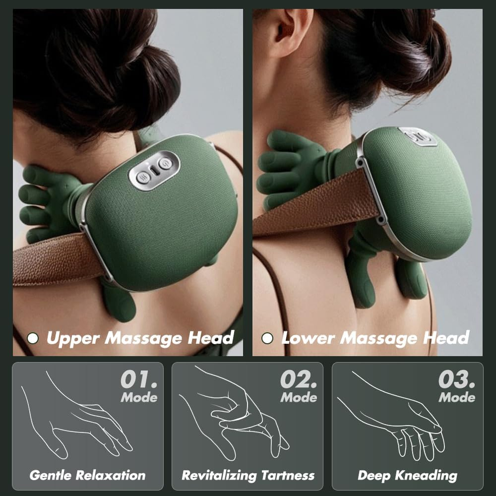 Grüner Nackenmassagegerät mit Händen, 3 Modi: sanfte Entspannung, belebende Frische, Tiefenmassage.