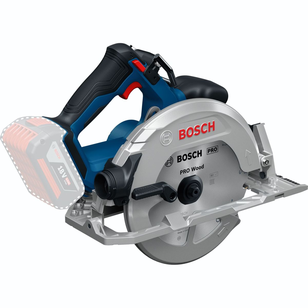 Een blauwe en zilveren Bosch accuboormachine cirkelzaag.