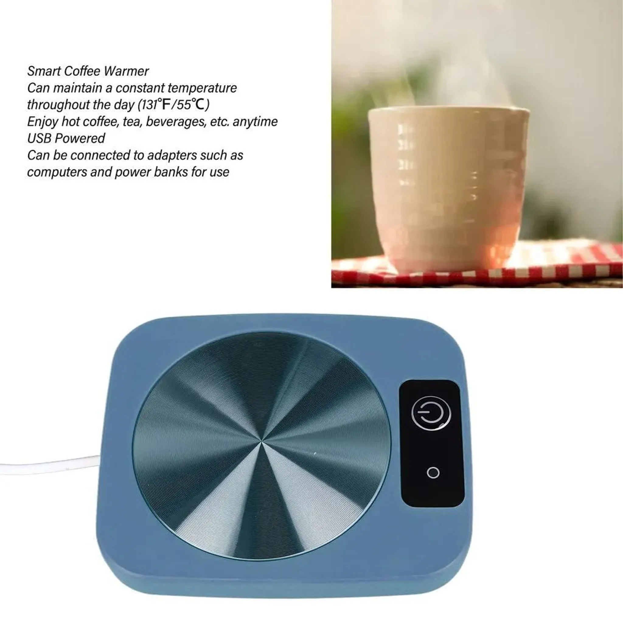 Ein blauer Kaffeewärmer mit einem USB-Anschluss und einer runden Heizplatte.