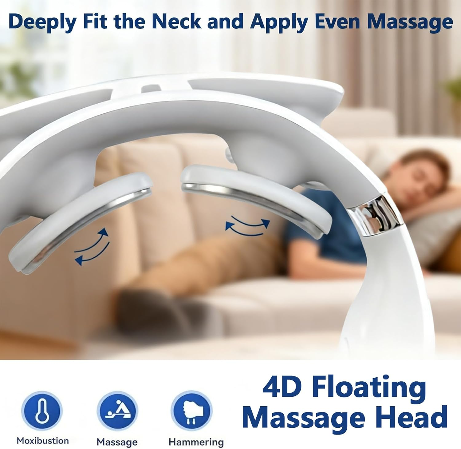 Weißer Nackenmassagegerät mit 4D-Schwebe-Kopf. Mann ruht sich im Hintergrund auf Sofa aus.
