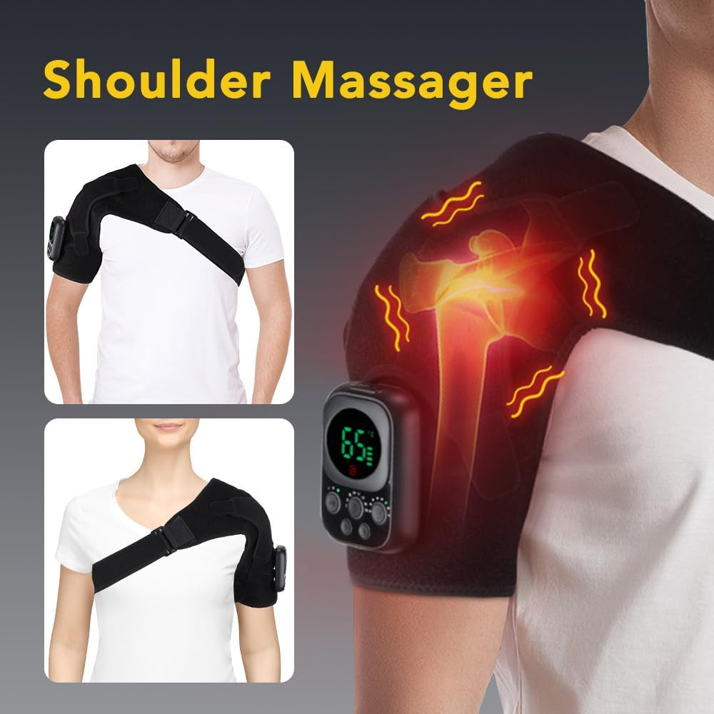 Schulter-Massagegerät mit digitaler Anzeige und Knöpfen, das auf einem Schulterknochen sitzt.