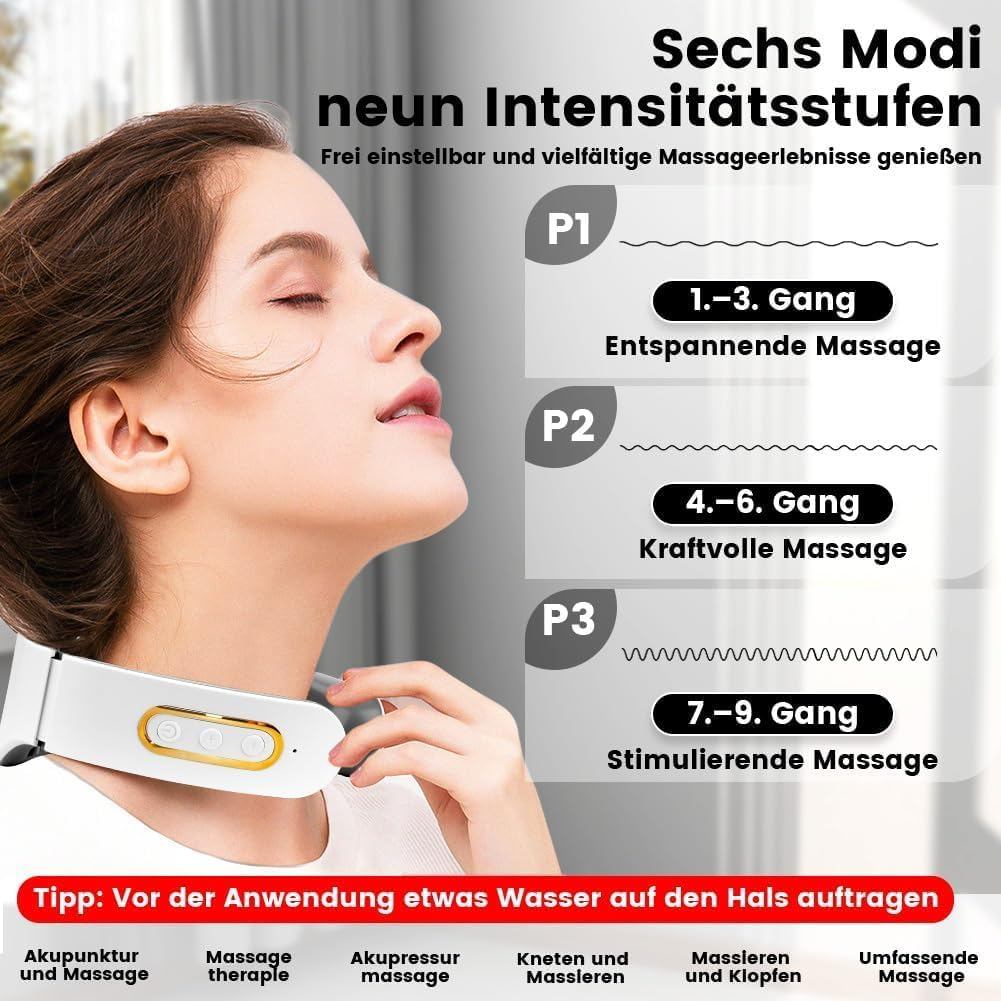 Frau mit Massagegerät am Hals, das 3 Intensitätsstufen und 6 Modi anzeigt.