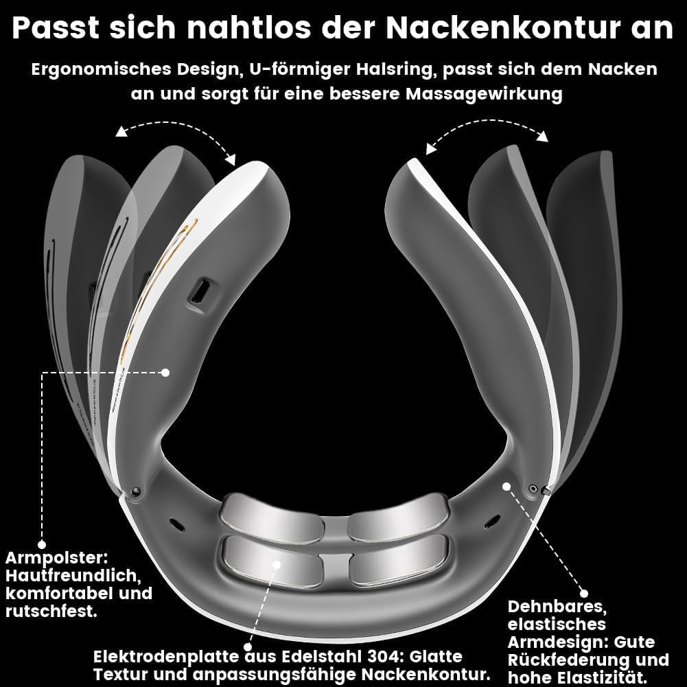 Grauer U-förmiger Nackenmassagegerät mit flexiblen Armen und Elektroden.