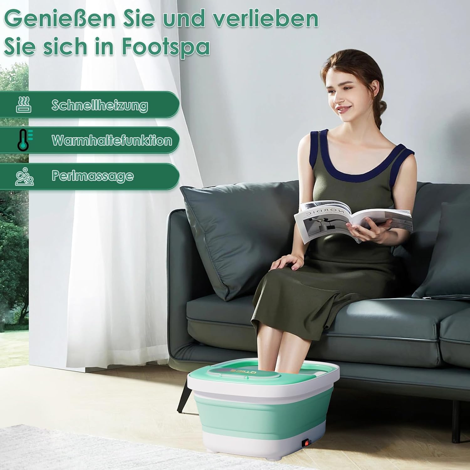 Frau entspannt sich auf Sofa mit Füßen im Fußbad. Schnelle Heizung, Warmhaltefunktion.