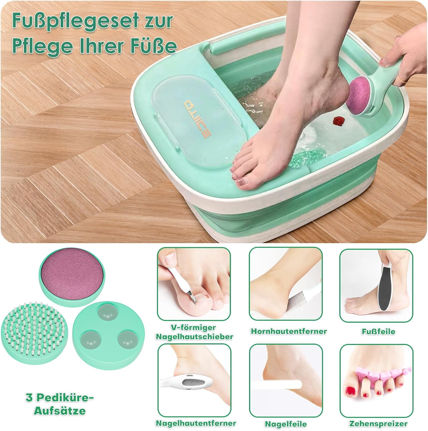 Fußbad mit Pediküre-Werkzeugen, darunter Bürsten, Feilen und Nagelpflegegeräte.