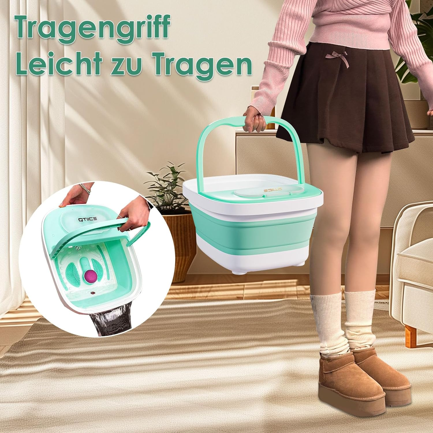 Ein faltbarer Fußbad-Eimer in Mintgrün und Weiß mit Griff.