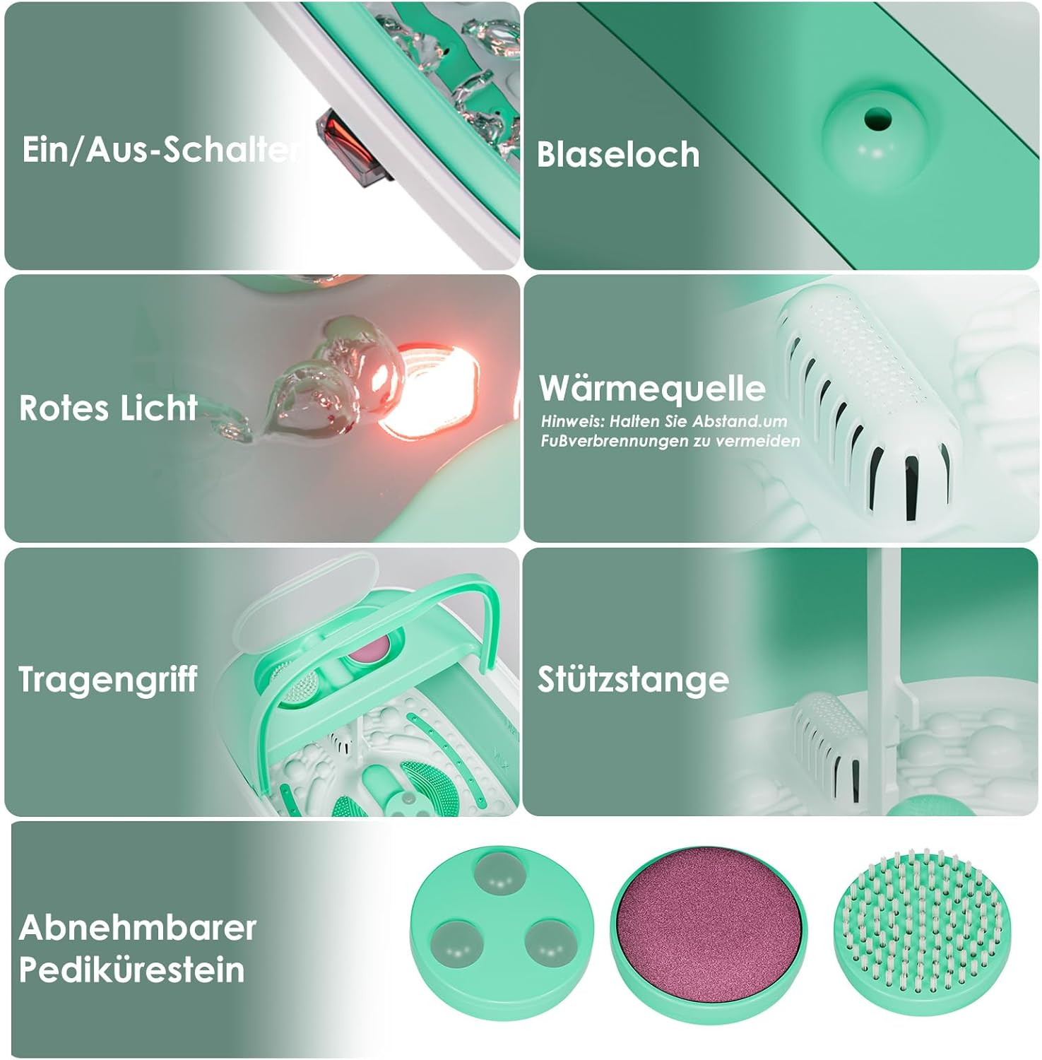 Ein Fußsprudelbad mit verschiedenen Aufsätzen und Funktionen wie rotem Licht und Wärmequelle.