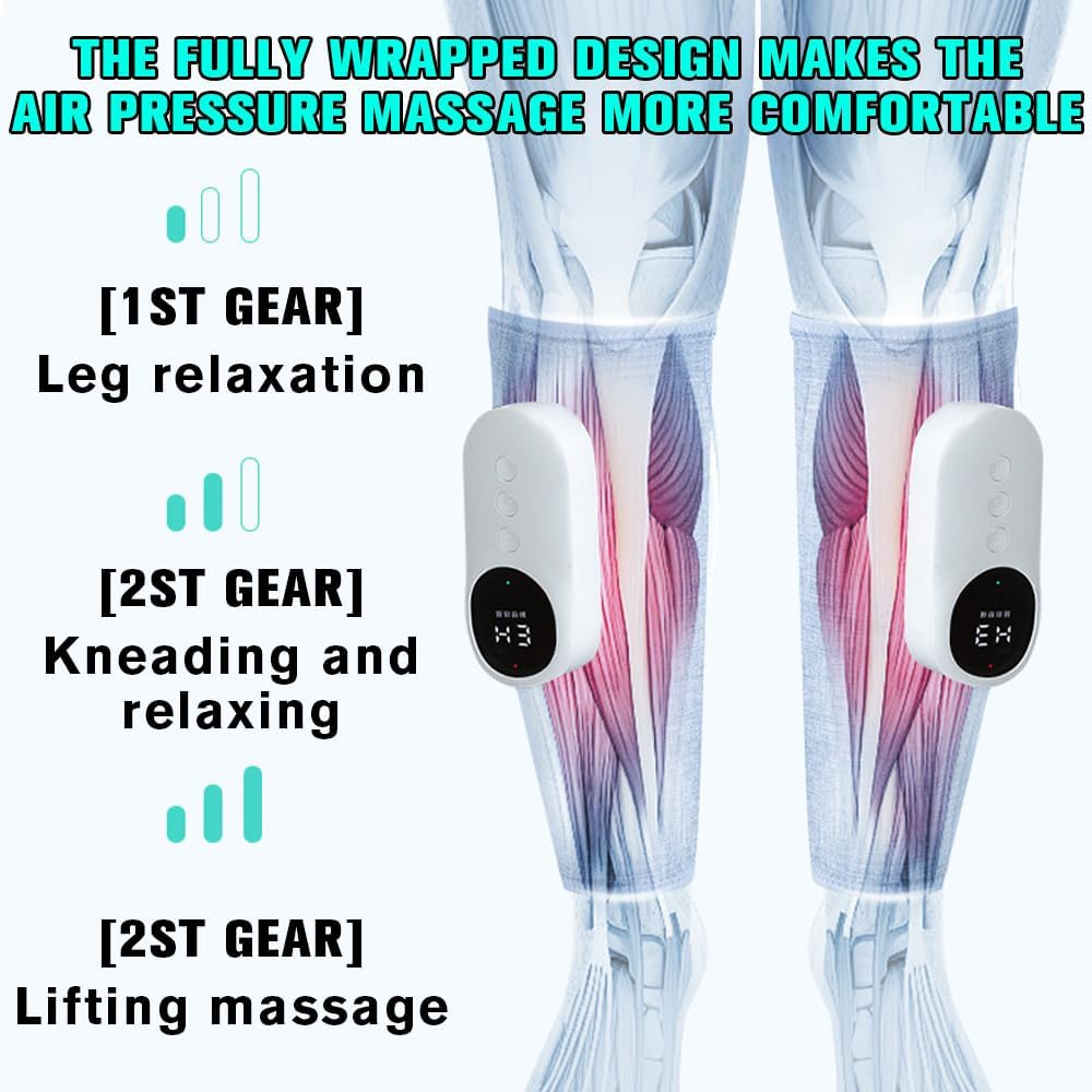 Beine mit Muskendetails, mit Luftdruckmassagegeräten. Text listet Massagemodi auf.