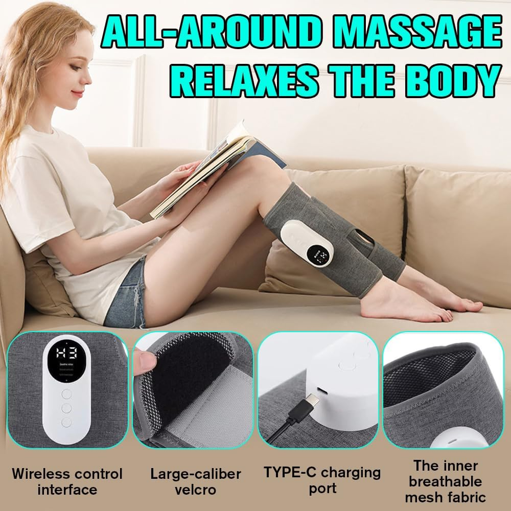 Frau liest Buch auf Sofa mit Beinmassagegeräten. Details: Steuerung, Klettverschluss, Ladeanschluss, Stoff.