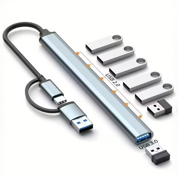 Ein USB-C-Hub mit USB-A- und USB-2.0-Anschlüssen und vier USB-Sticks.