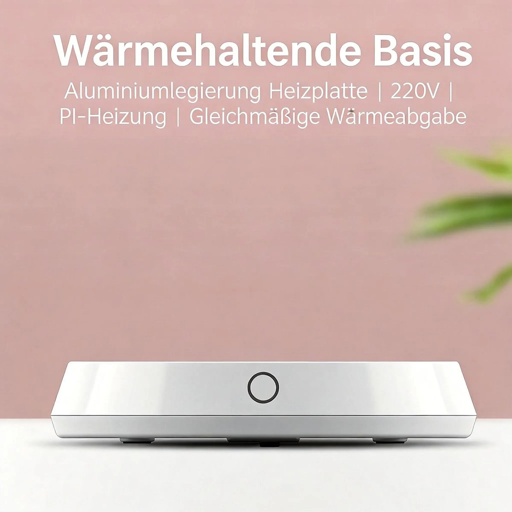 Weiße Heizbasis mit schwarzem Kreis in der Mitte auf weißem Tisch.