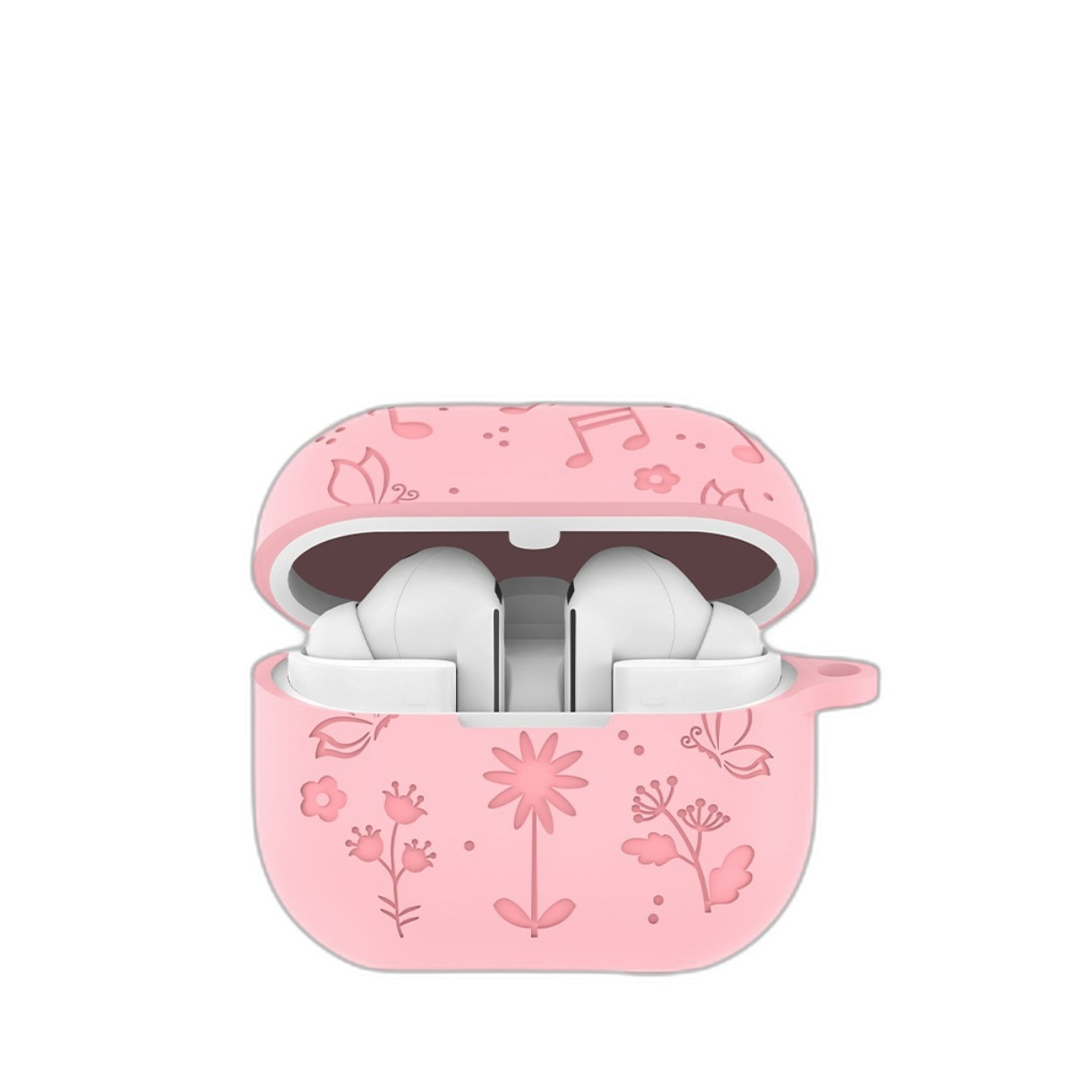 Ein rosa Kopfhöreretui mit Blumen und Noten. Weiße Kopfhörer sind darin.
