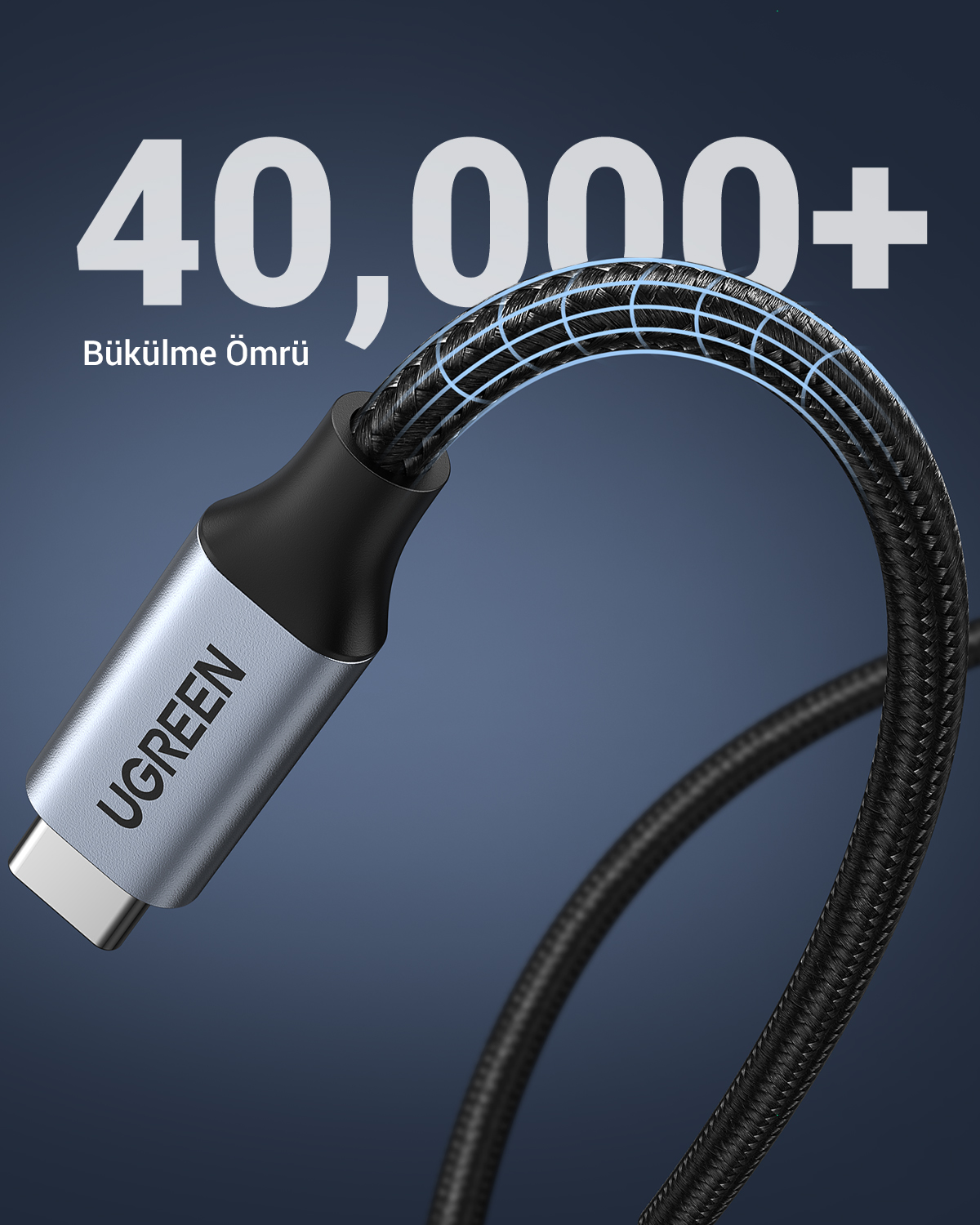 Ein USB-C-Kabel mit silbernem Stecker und schwarzem Gewebekabel. "40.000+"