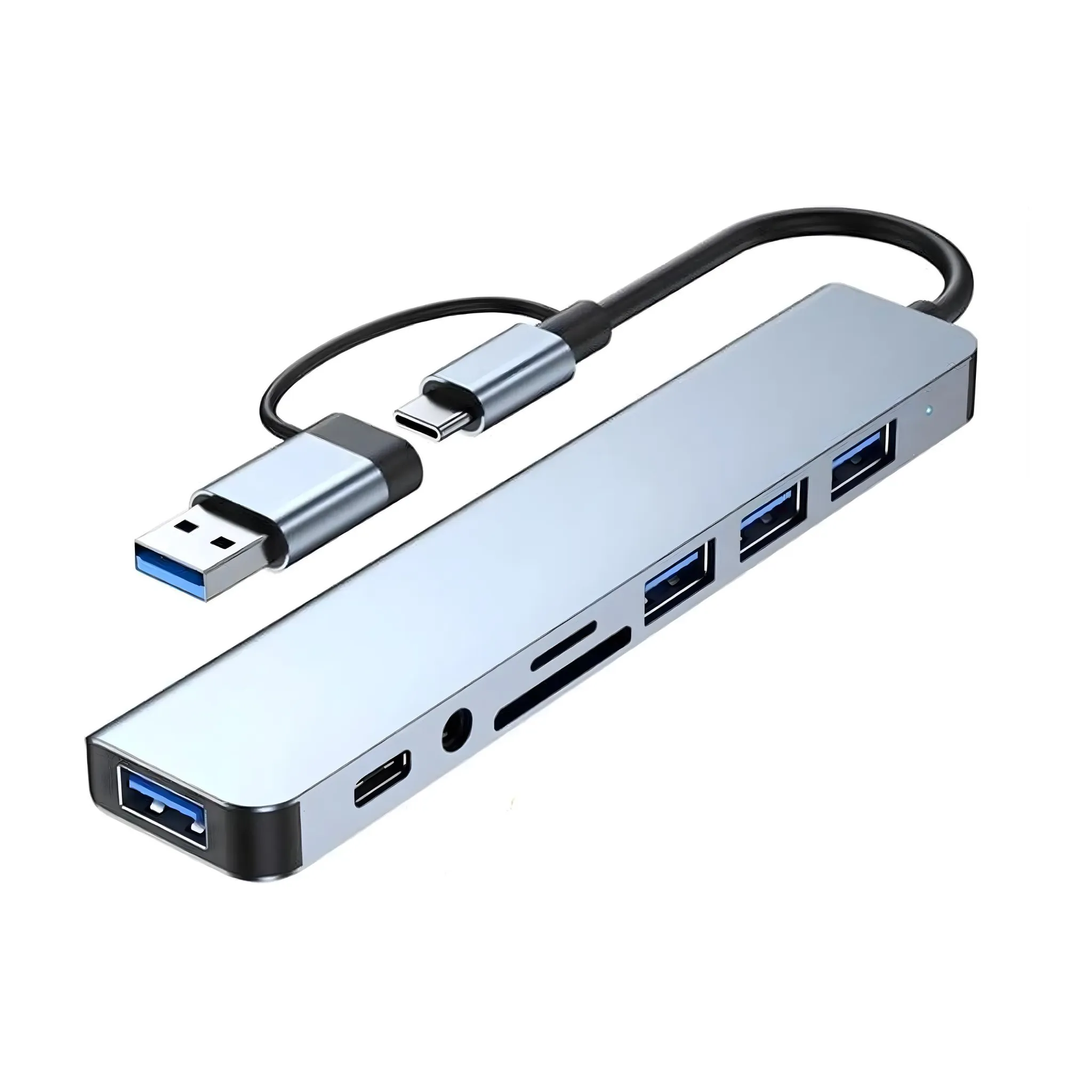 Ein silberner USB-C-Hub mit mehreren Anschlüssen, darunter USB-A, USB-C und SD-Kartensteckplätze.