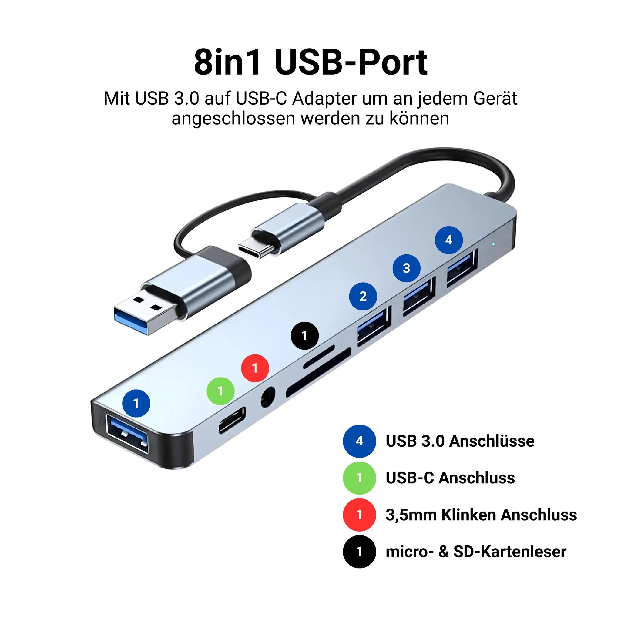 Ein silberner USB-C Hub mit mehreren Anschlüssen wie USB-A, USB-C, Audio und Kartenleser.