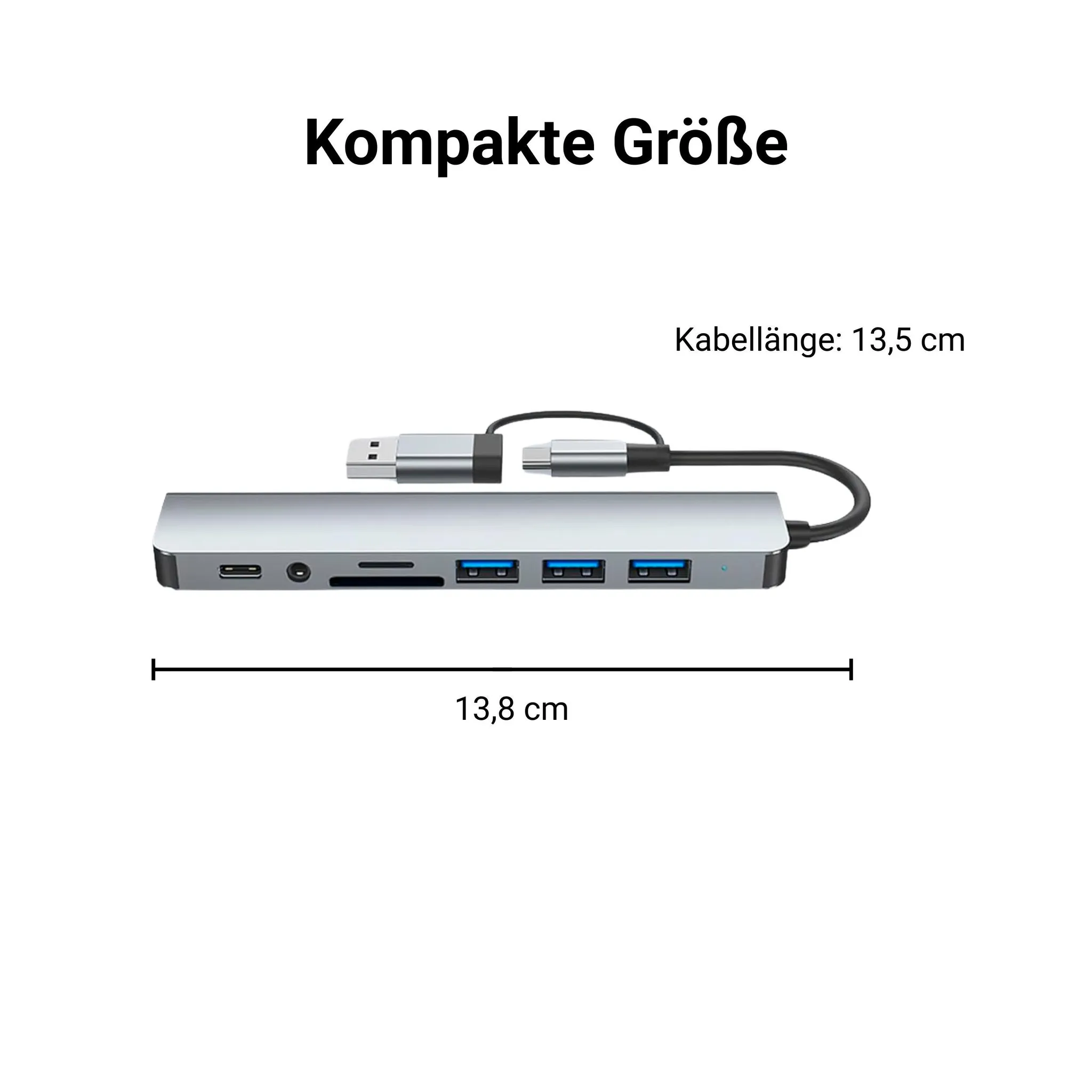 Ein silberner USB-C-Hub mit mehreren Anschlüssen und Größenangaben.