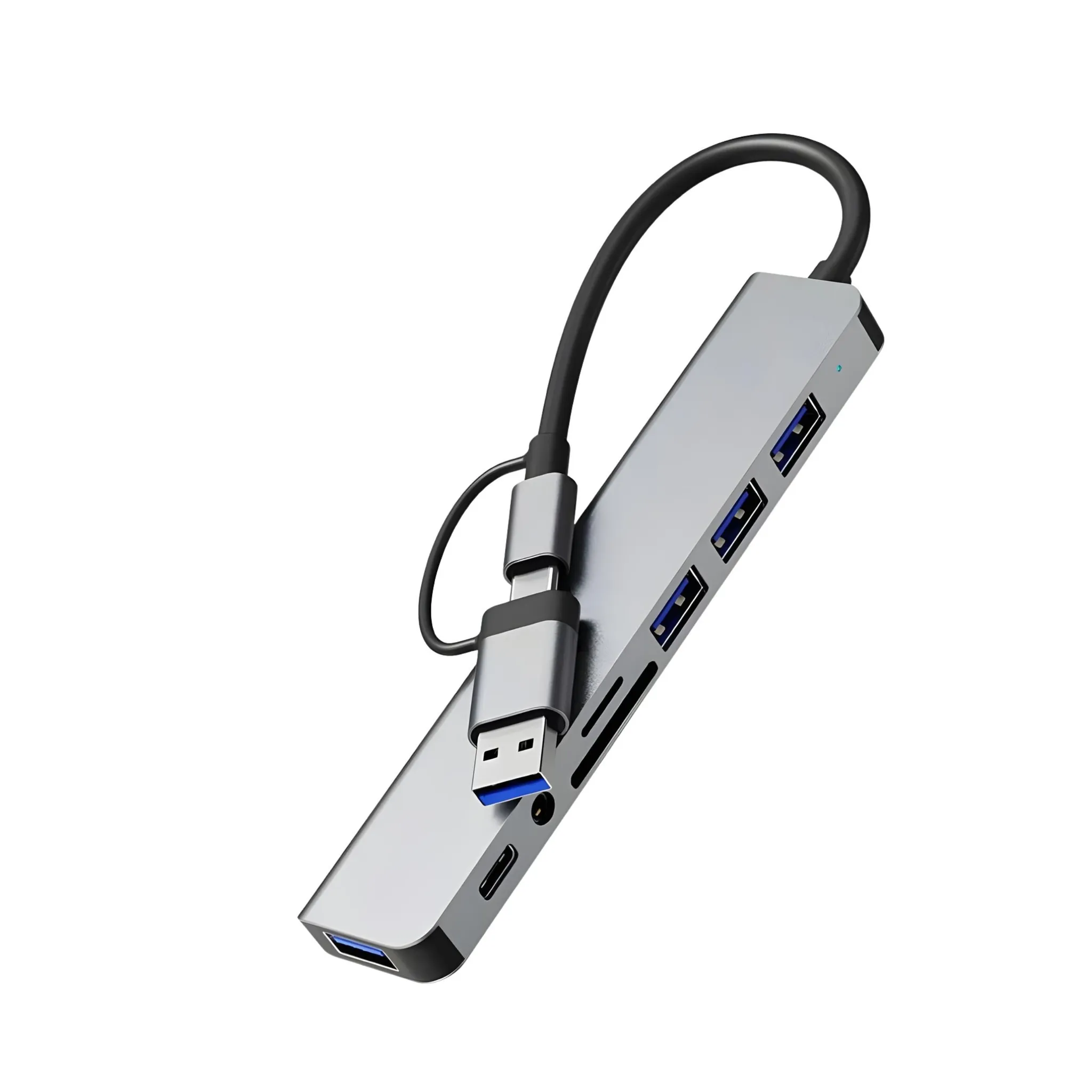 Grauer USB-C Hub mit mehreren Anschlüssen, verbunden mit einem USB-A-Stecker.