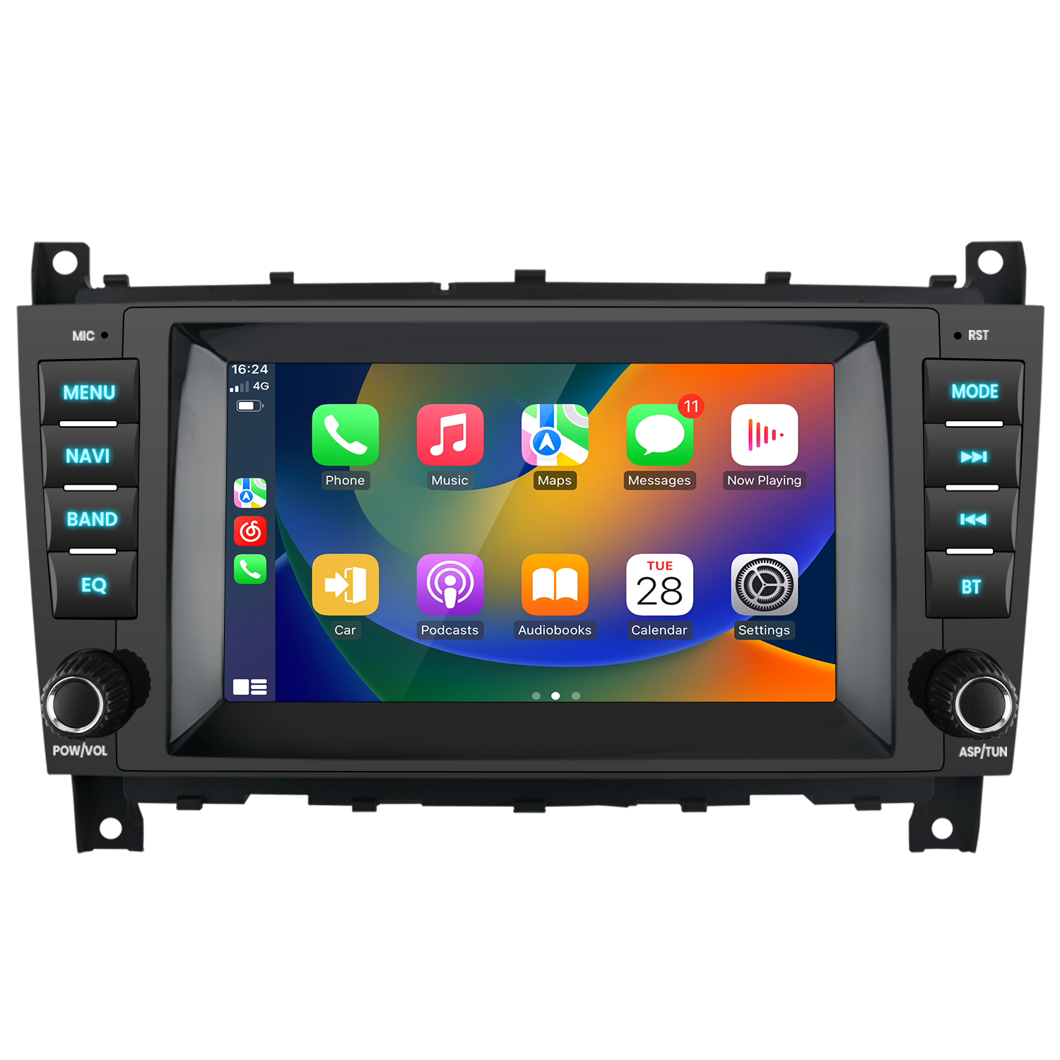 Ein Autoradio-Infotainmentsystem mit Touchscreen und physischen Knöpfen.