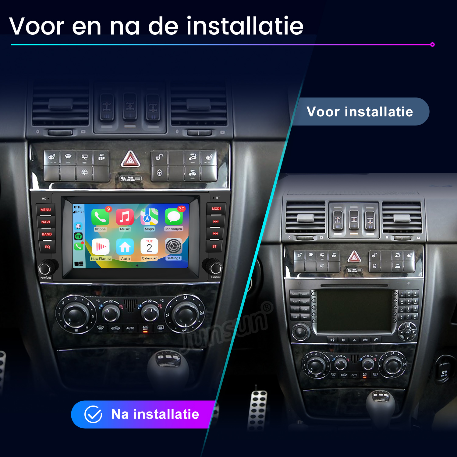Vorher und nachher: Ein Auto-Infotainmentsystem mit Touchscreen links, Standard-Radio rechts.