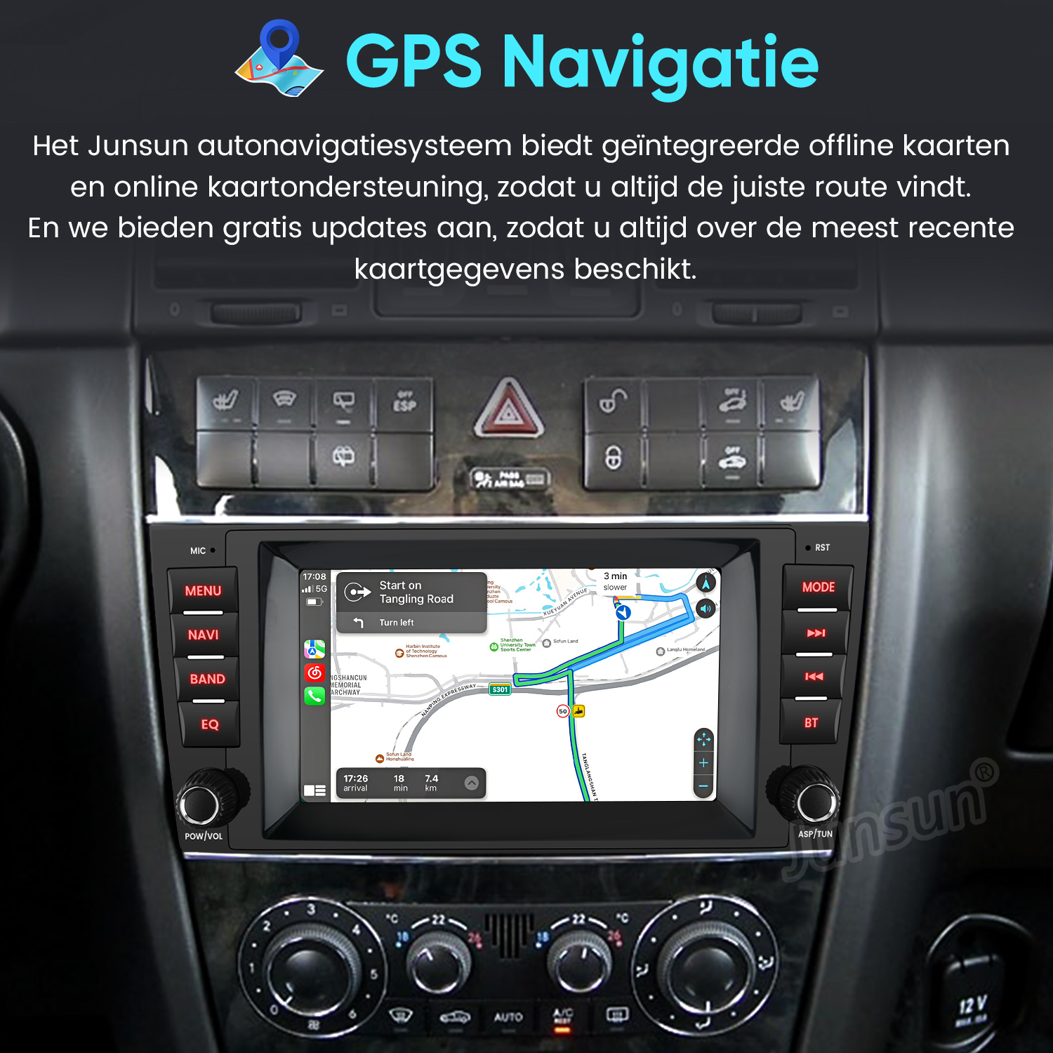 Ein Auto-Navigationssystem mit Kartenansicht und Steuerelementen.