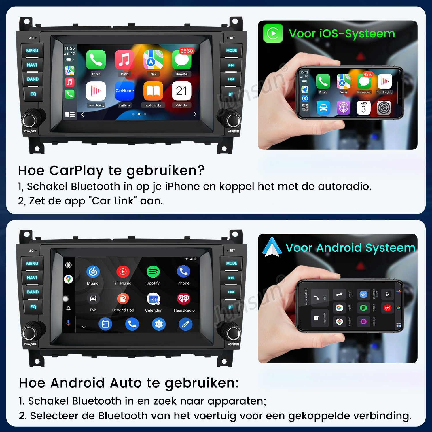 Zwei Auto-Infotainmentsysteme werden gezeigt: CarPlay mit iPhone und Android Auto.