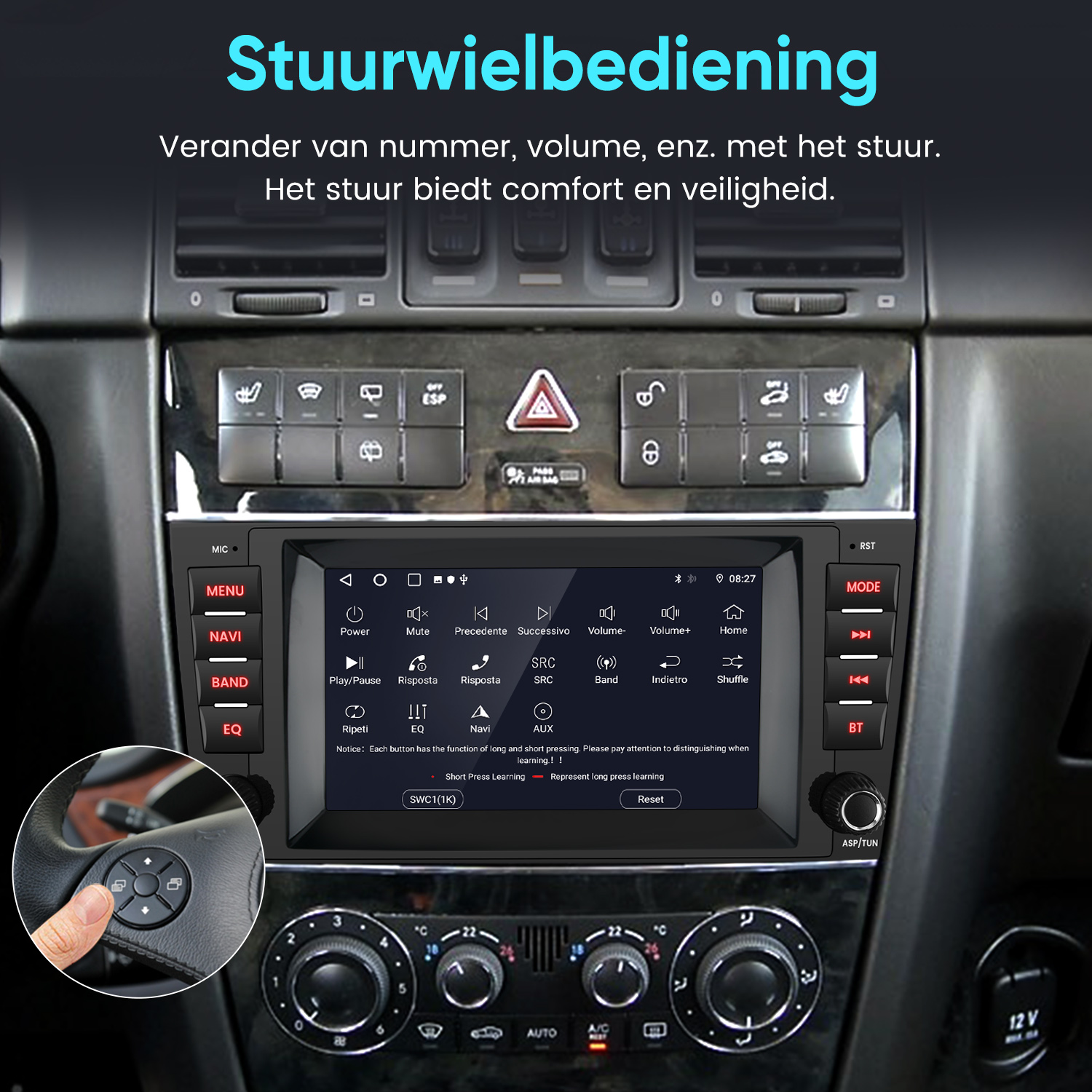 Ein Finger bedient das Lenkrad-Display eines Autos mit Menüoptionen.